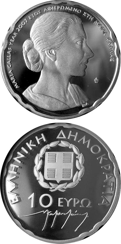 Image of 10 euro coin - 30th anniversary of the death of Maria Callas  | Greece 2007.  The Silver coin is of Proof quality.