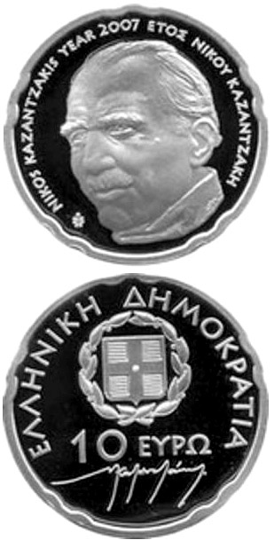 Image of 10 euro coin - 50th anniversary of the death of Nikos Kazantzakis   | Greece 2007.  The Silver coin is of Proof quality.