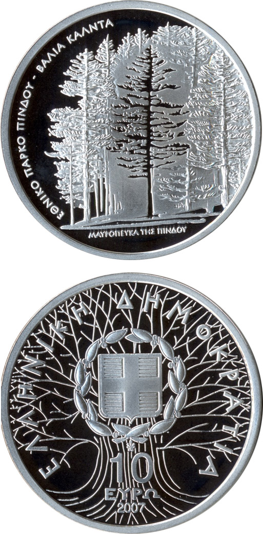 Image of 10 euro coin - National park von Pindos - Black pine | Greece 2007.  The Silver coin is of Proof quality.