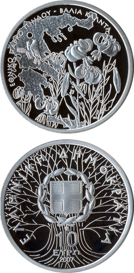 Image of 10 euro coin - National park von Pindos - Wild flowers and birds | Greece 2007.  The Silver coin is of Proof quality.