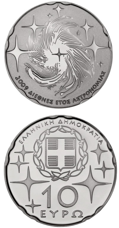 Image of 10 euro coin - International Year of Astronomy | Greece 2009.  The Silver coin is of Proof quality.