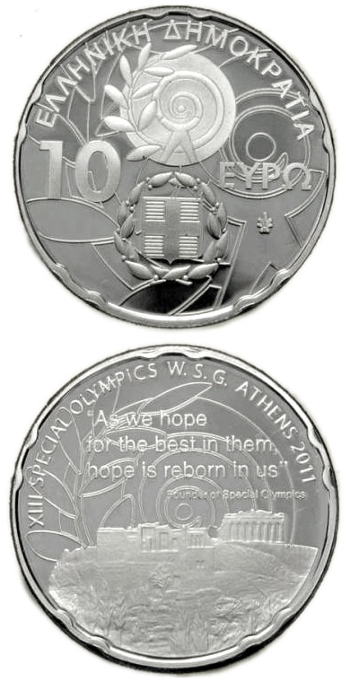 Image of 10 euro coin - XIII Special Olympics World Summer Games Athens 2011 - Acropolis | Greece 2011.  The Silver coin is of Proof quality.