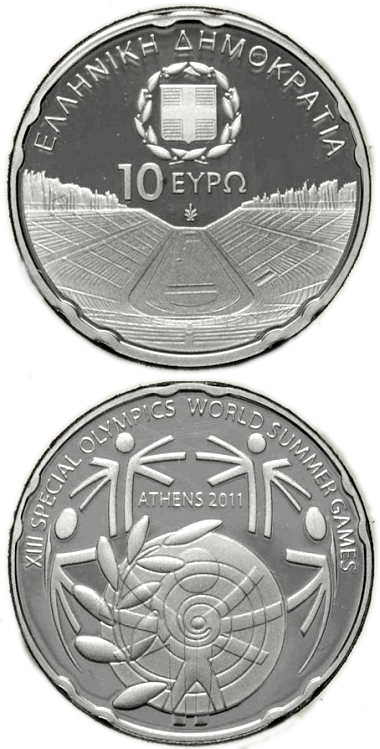 Image of 10 euro coin - XIII Special Olympics World Summer Games Athens 2011 - Panathenaiko Stadium  | Greece 2011.  The Silver coin is of Proof quality.