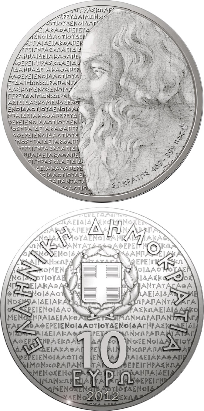 Image of 10 euro coin - Greek culture Tragedians - Sokrates | Greece 2012.  The Silver coin is of Proof quality.