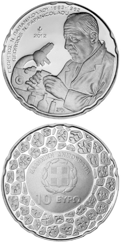 Image of 10 euro coin - 50th Anniversary of the Death of Georgios N. Papanicolaou | Greece 2012.  The Silver coin is of BU quality.