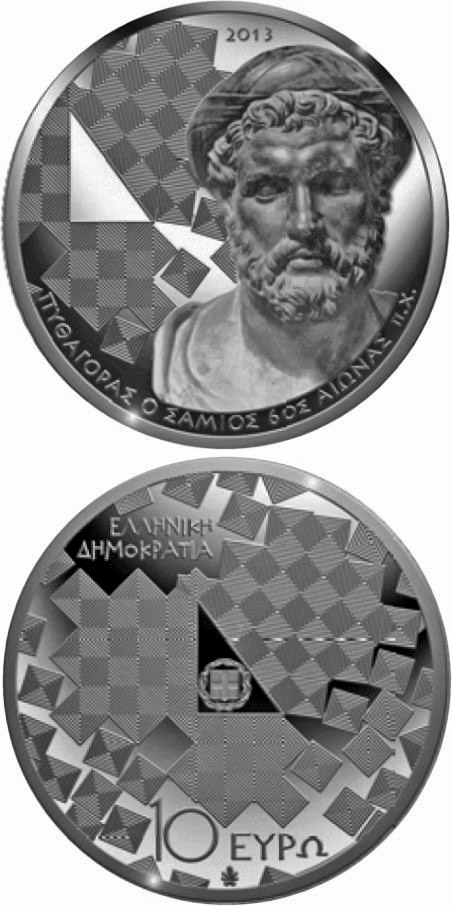 Image of 10 euro coin - Hellenic Culture & Civilization: Pythagoras of Samos | Greece 2013.  The Silver coin is of Proof quality.