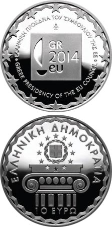 Image of 10 euro coin - Greek Presidency of the European Union Council | Greece 2014.  The Silver coin is of Proof quality.