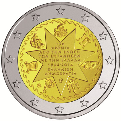 Image of 2 euro coin - 150th Anniversary of the Union of the Ionian Islands with Greece | Greece 2014