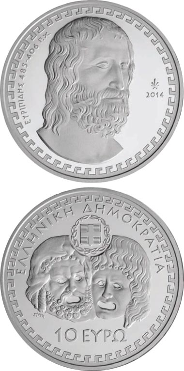 Image of 10 euro coin - Euripides  | Greece 2014.  The Silver coin is of Proof quality.