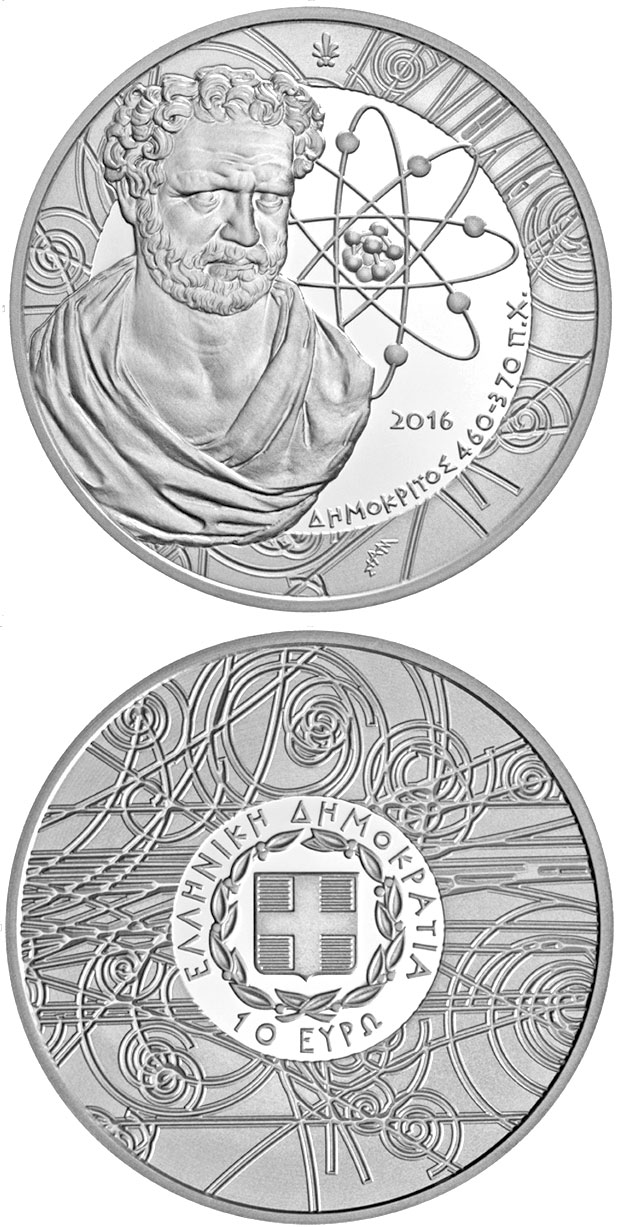 Image of 10 euro coin - Greek Culture–Philosophers: Demokritos | Greece 2016.  The Silver coin is of Proof quality.