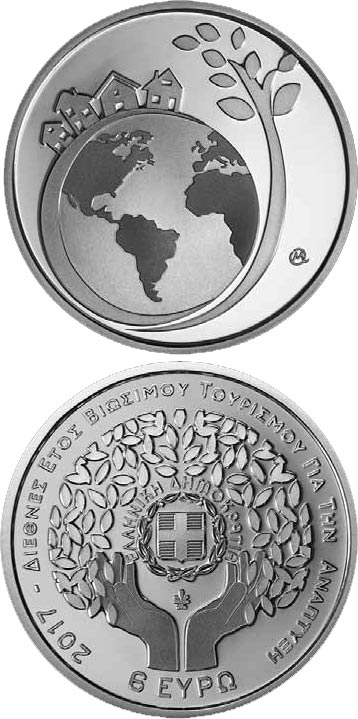 Image of 6 euro coin - Year of Sustainable Tourism | Greece 2017.  The Silver coin is of Proof quality.