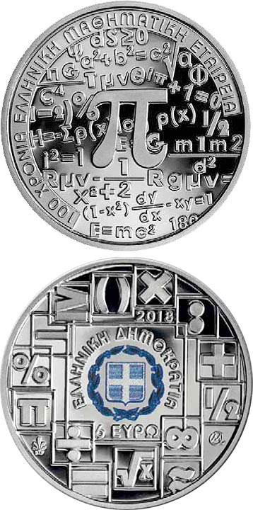 Image of 6 euro coin - Year of Mathematics | Greece 2018.  The Silver coin is of Proof quality.