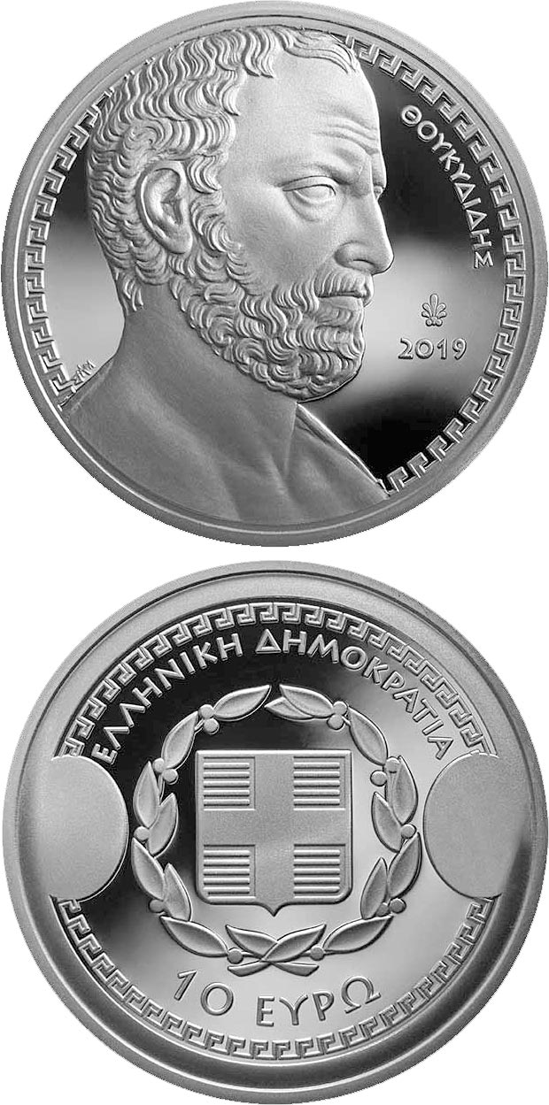 Image of 10 euro coin - Greek Culture - Historians - Thucydides | Greece 2019.  The Silver coin is of Proof quality.