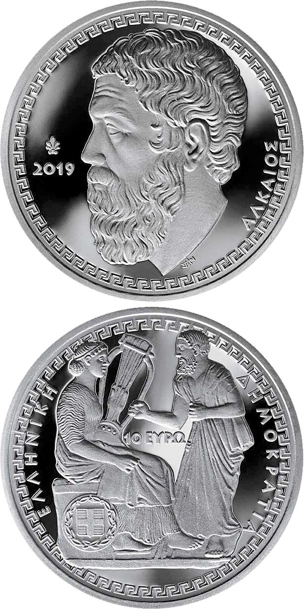Image of 10 euro coin - Greek Culture - Lyric Poets - Alcaeus | Greece 2019.  The Silver coin is of Proof quality.