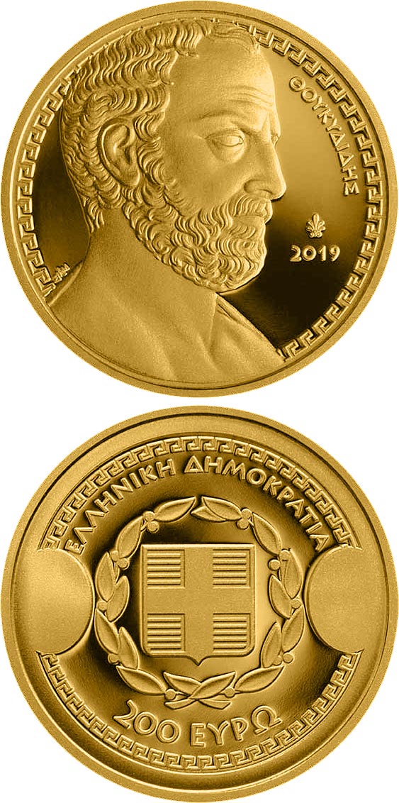 Image of 200 euro coin - Greek Culture - Historians - Thucydides | Greece 2019.  The Gold coin is of Proof quality.