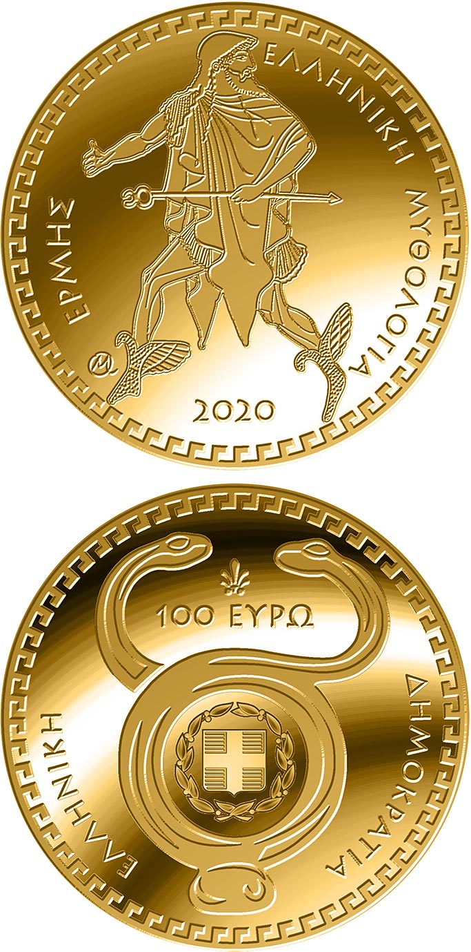 Image of 100 euro coin - The Olympian Gods – Hermes | Greece 2020.  The Gold coin is of Proof quality.