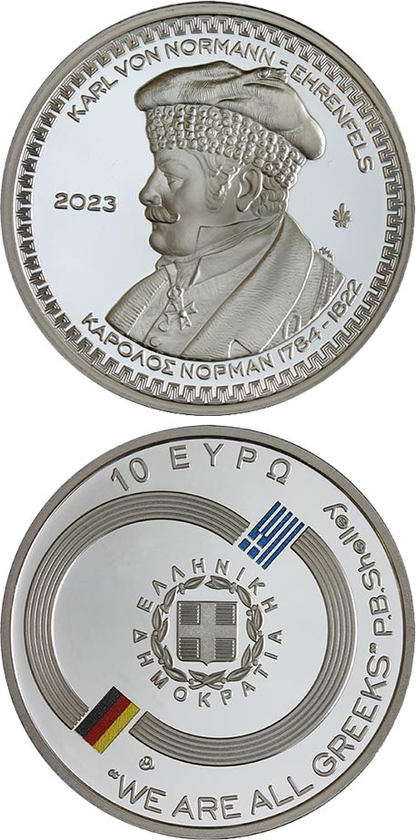 Image of 10 euro coin - Philhellenes - Karl Normann
 | Greece 2023.  The Silver coin is of Proof quality.