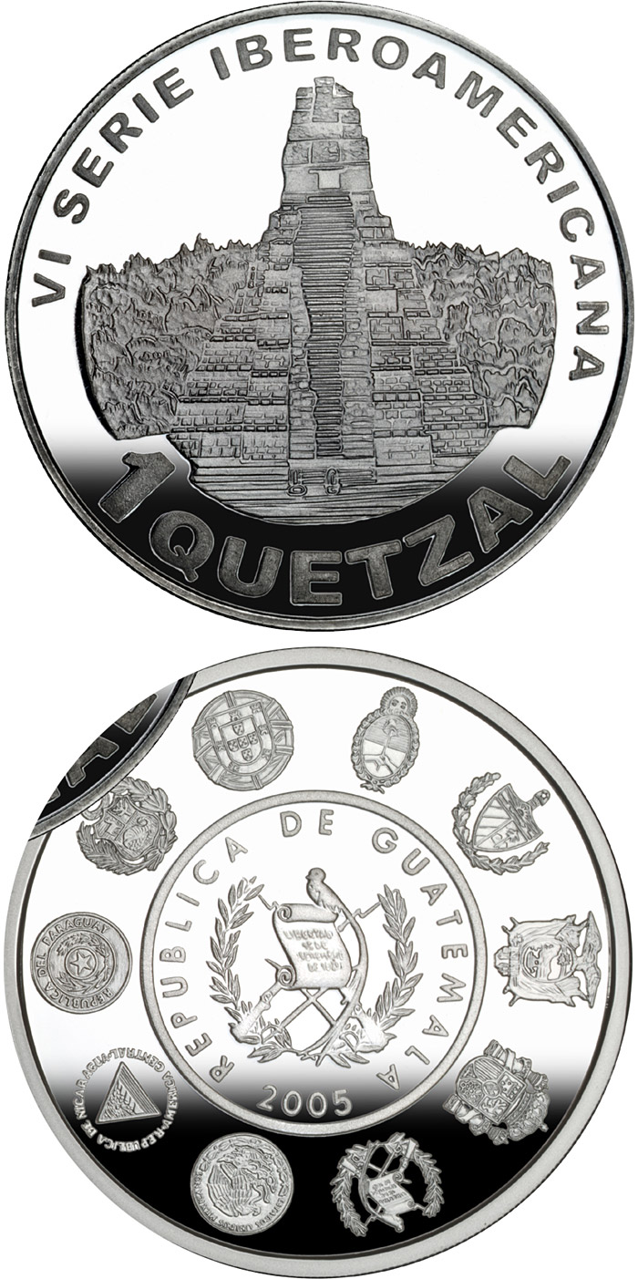 Image of 1 quetzal coin - Architecture and Monuments – Temple of the Great Jaguar | Guatemala 2005.  The Silver coin is of Proof quality.