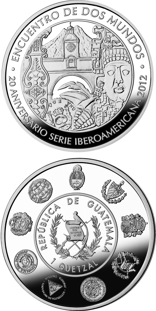 Image of 1 quetzal coin - 20th Anniversary of the Ibero-American Series | Guatemala 2012.  The Silver coin is of Proof quality.