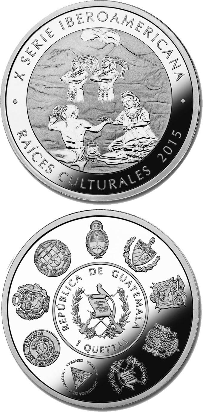 Image of 1 quetzal coin - Cultural Roots - the Lovers of Sumpa | Guatemala 2015.  The Silver coin is of Proof quality.