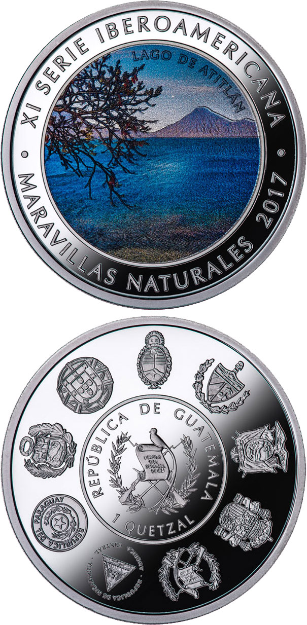 Image of 1 quetzal coin - Wonders of nature - Lake Atitlan | Guatemala 2017.  The Silver coin is of Proof quality.
