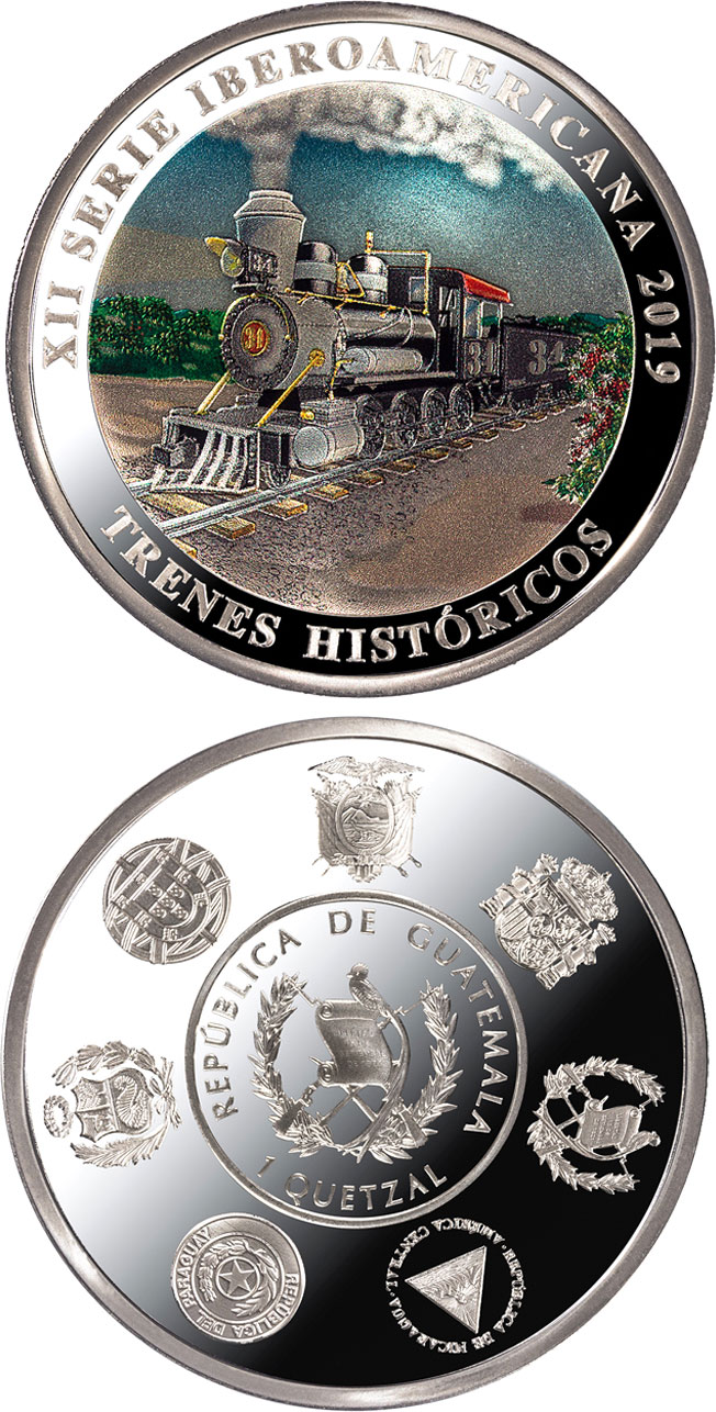 Image of 1 quetzal coin - Historic Railways | Guatemala 2020.  The Silver coin is of Proof quality.