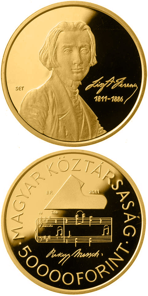 Image of 50000 forint coin - 200th anniversary of the birth of Ferenc Liszt  | Hungary 2011.  The Gold coin is of Proof quality.