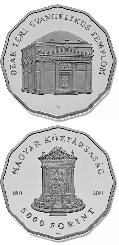 Image of 5000 forint coin - 200th anniversary of the consecration of the Evangelical Church on Deák Square  | Hungary 2011.  The Silver coin is of Proof, BU quality.