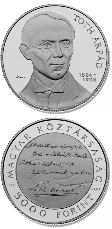 Image of 5000 forint coin - 125th Anniversary of birth of Árpád Tóth | Hungary 2011.  The Silver coin is of Proof, BU quality.