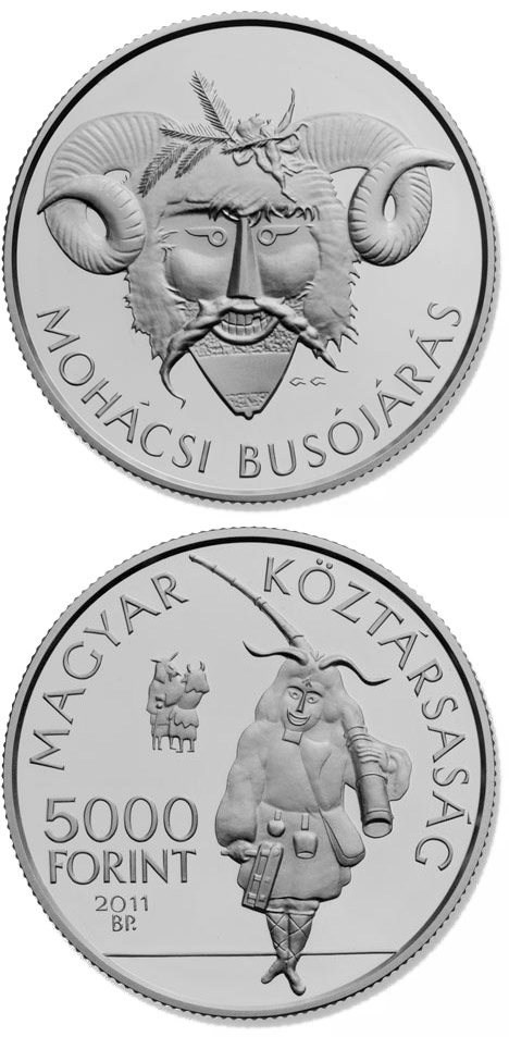 Image of 5000 forint coin - The Busó Festivities at Mohács, BU | Hungary 2011.  The Silver coin is of Proof, BU quality.