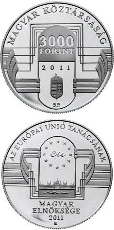 Image of 5000 forint coin - Hungarian Presidency of the Council of the European Union  | Hungary 2011.  The Silver coin is of Proof, BU quality.