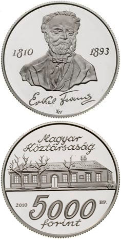 Image of 5000 forint coin - 200th anniversary of Birth of Erkel Ferenc | Hungary 2010.  The Silver coin is of Proof, BU quality.