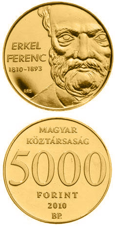 Image of 5000 forint coin - 200th anniversary of Birth of Erkel Ferenc | Hungary 2010.  The Gold coin is of Proof quality.