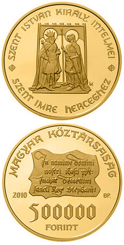 Image of 500000 forint coin - Monishments of King St. Stephen | Hungary 2010.  The Gold coin is of Proof quality.