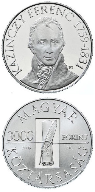 Image of 3000 forint coin - 250th Anniversary of the birth of the Ferenc Kazinczy | Hungary 2009.  The Silver coin is of Proof, BU quality.