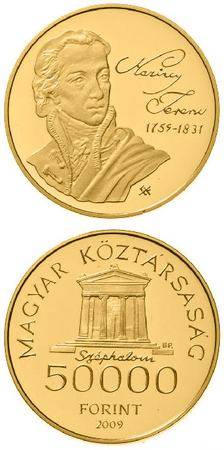 Image of 50000 forint coin - 250th Anniversary of the birth of the Ferenc Kazinczy | Hungary 2009.  The Gold coin is of Proof quality.