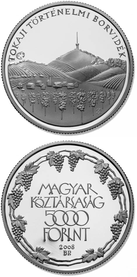 Image of 5000 forint coin - Tokaj Historic Wine Region Cultural Landscape | Hungary 2008.  The Silver coin is of Proof, BU quality.