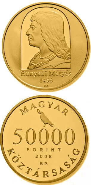 Image of 50000 forint coin - 550th Anniversary of Enthronement of Matthias Hunyadi | Hungary 2008.  The Gold coin is of Proof quality.