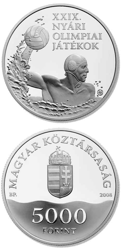 Image of 5000 forint coin - XXIX. Summer Olympic Games | Hungary 2008.  The Silver coin is of Proof, BU quality.