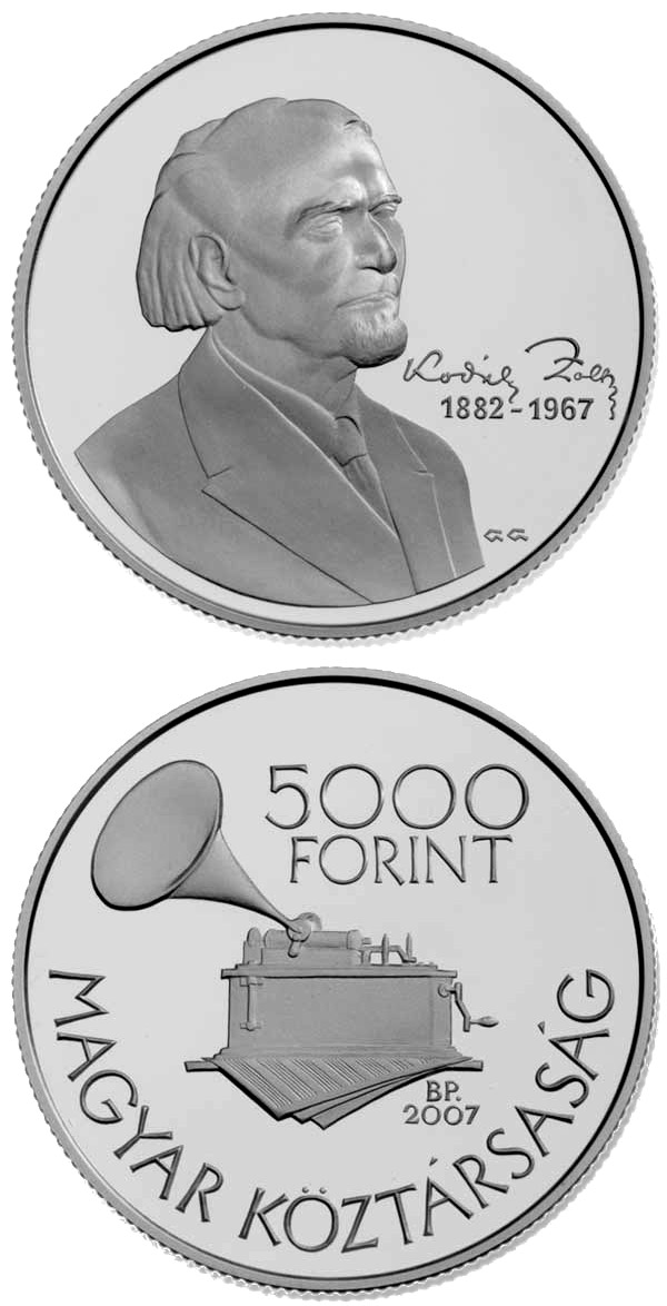 Image of 5000 forint coin - 125th Anniversary of the Birth of Zoltán Kodály | Hungary 2007.  The Silver coin is of Proof, BU quality.