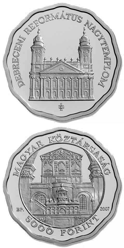 Image of 5000 forint coin - Debrecen Reformed Churche | Hungary 2007.  The Silver coin is of Proof, BU quality.