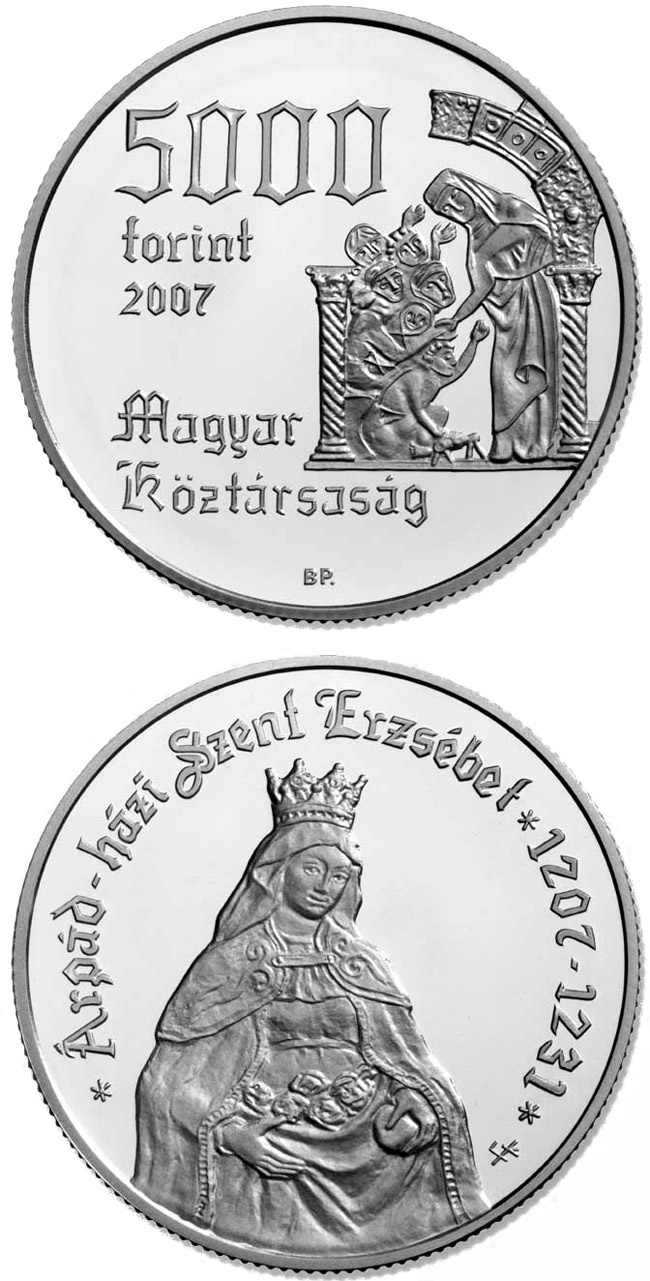 Image of 5000 forint coin - 800th Anniversary of the Birth of St. Elisabeth of the Arpad-Dynasty (1207-1231) | Hungary 2007.  The Silver coin is of Proof, BU quality.