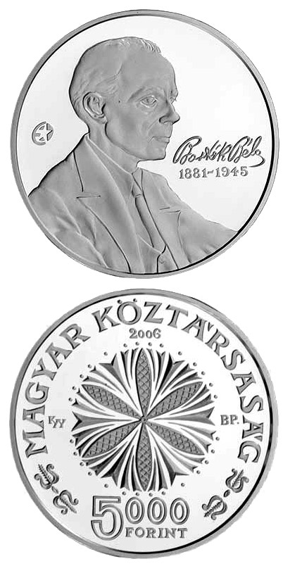 Image of 5000 forint coin - 125th Anniversary of the Birth of Béla Bartók | Hungary 2006.  The Silver coin is of Proof, BU quality.