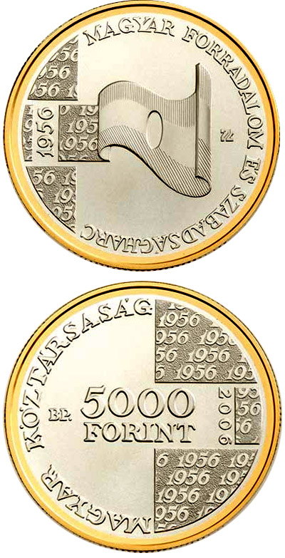 Image of 5000 forint coin - 50th Anniversary of the 1956 Hungarian Revolution and War of Independence | Hungary 2006.  The Silver coin is of Proof, BU quality.