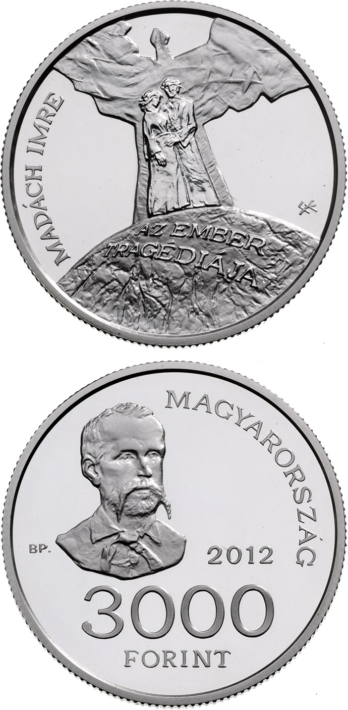 Image of 3000 forint coin - 150th Anniversary of the Issue of Imre Madách: The Tragedy of Man | Hungary 2012.  The Silver coin is of Proof, BU quality.