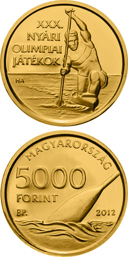 Image of 5000 forint coin - XXX. Summer Olympic Games | Hungary 2012.  The Gold coin is of proof-like quality.