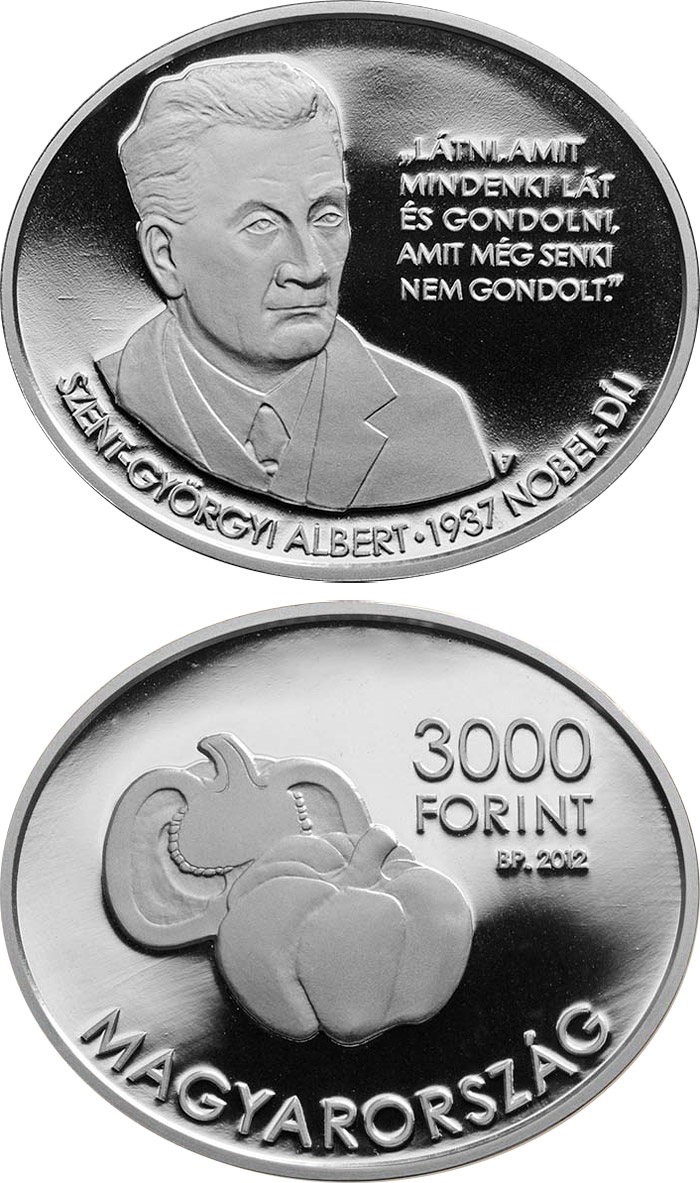 Image of 3000 forint coin - Albert Szent-Györgyi | Hungary 2012.  The Silver coin is of Proof, BU quality.