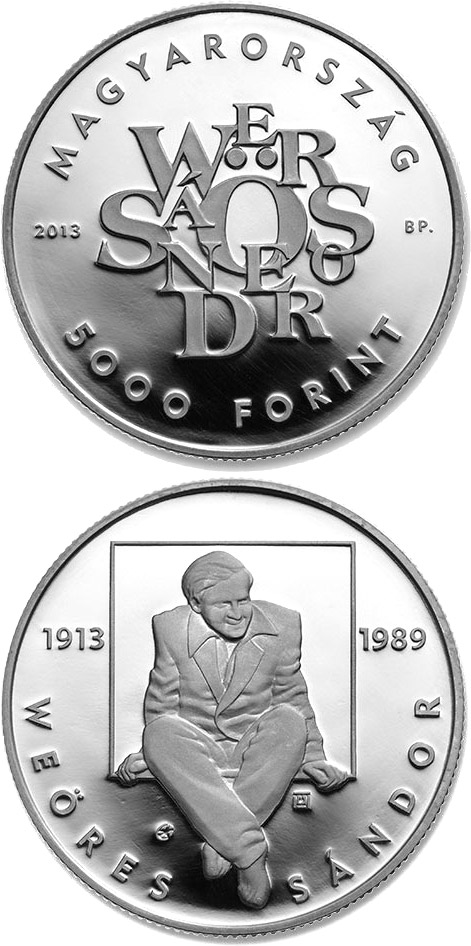 Image of 5000 forint coin - 100th Anniversary Of Birth Of Sándor Weöres | Hungary 2013.  The Silver coin is of Proof quality.