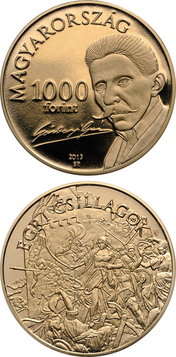 Image of 1000 forint coin - Stars Of Eger Novel By Géza Gárdonyi | Hungary 2013.  The German silver (CuNiZn) coin is of Proof quality.