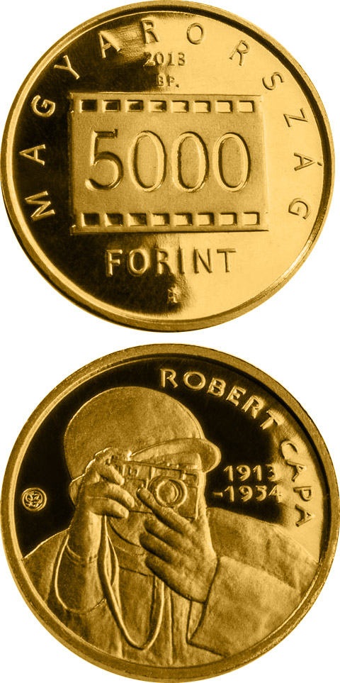 Image of 5000 forint coin - 100th Anniversary Of Birth Of Robert Capa | Hungary 2013.  The Gold coin is of proof-like quality.